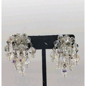 Vintage Earrings AB Crystal Waterfall Chandelier Clip Iridescent Rare Laguna
